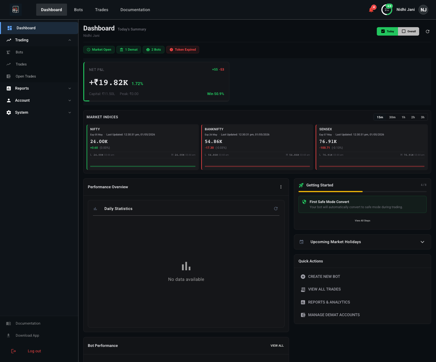 HT Bot trading dashboard showing real-time options data